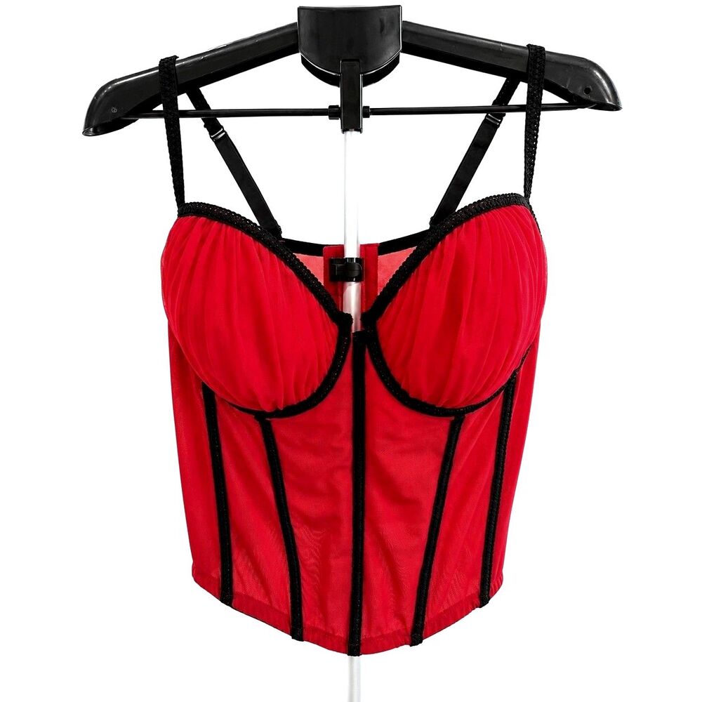 Cacique Red Corset Bustier Top Black Trim Plus Size 26/28 4X Underwire Boned